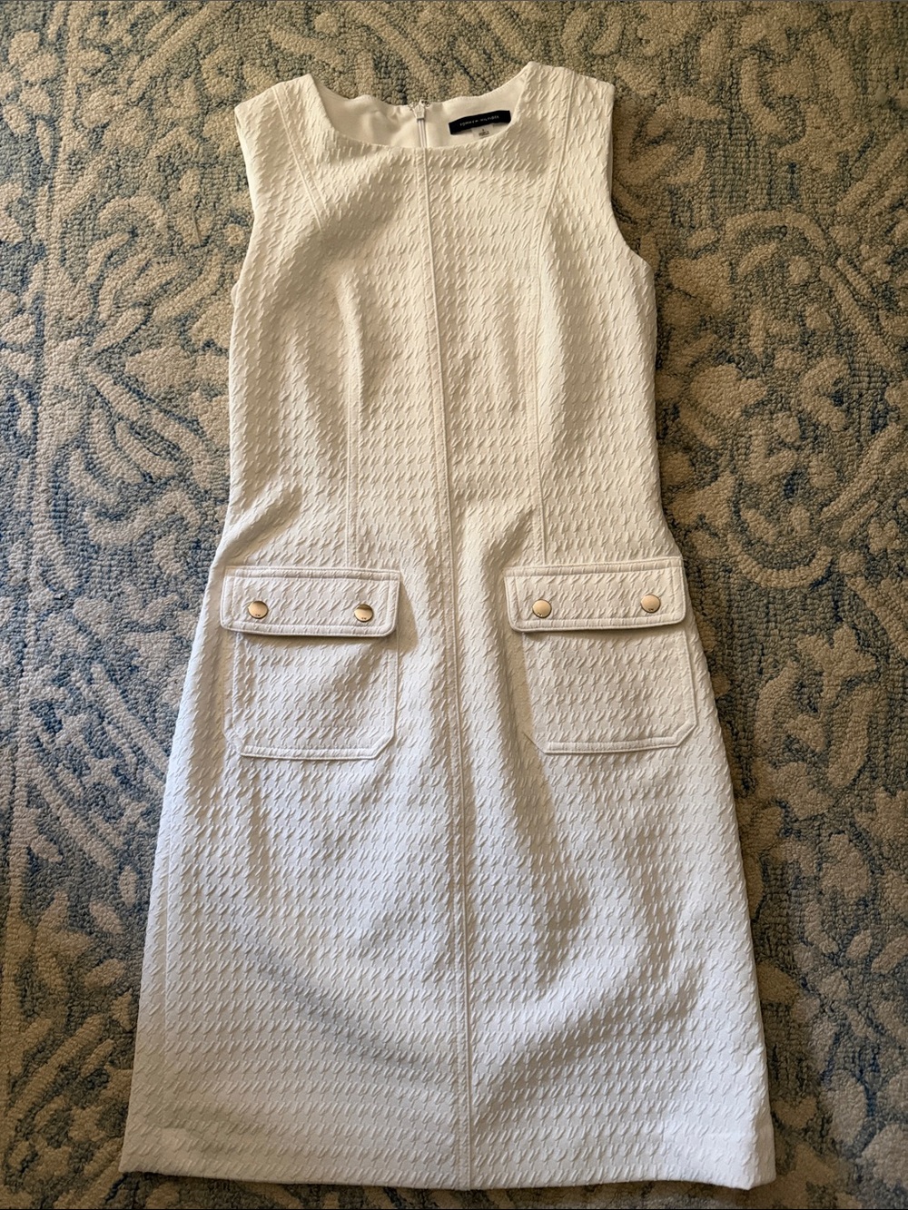 Tommy Hilfiger Cream Textured Sleeveless Sheath Dress with Gold Buttons
